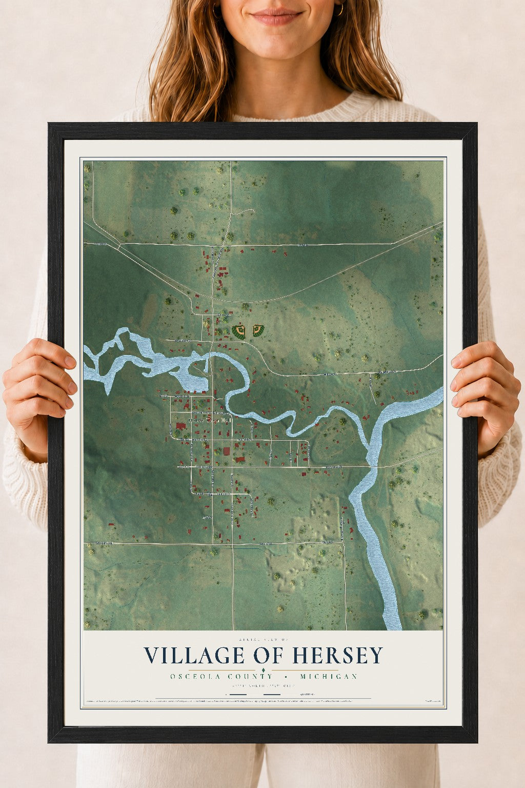 Map of Hersey, Michigan, 18 x 24 inch print in a black wood frame