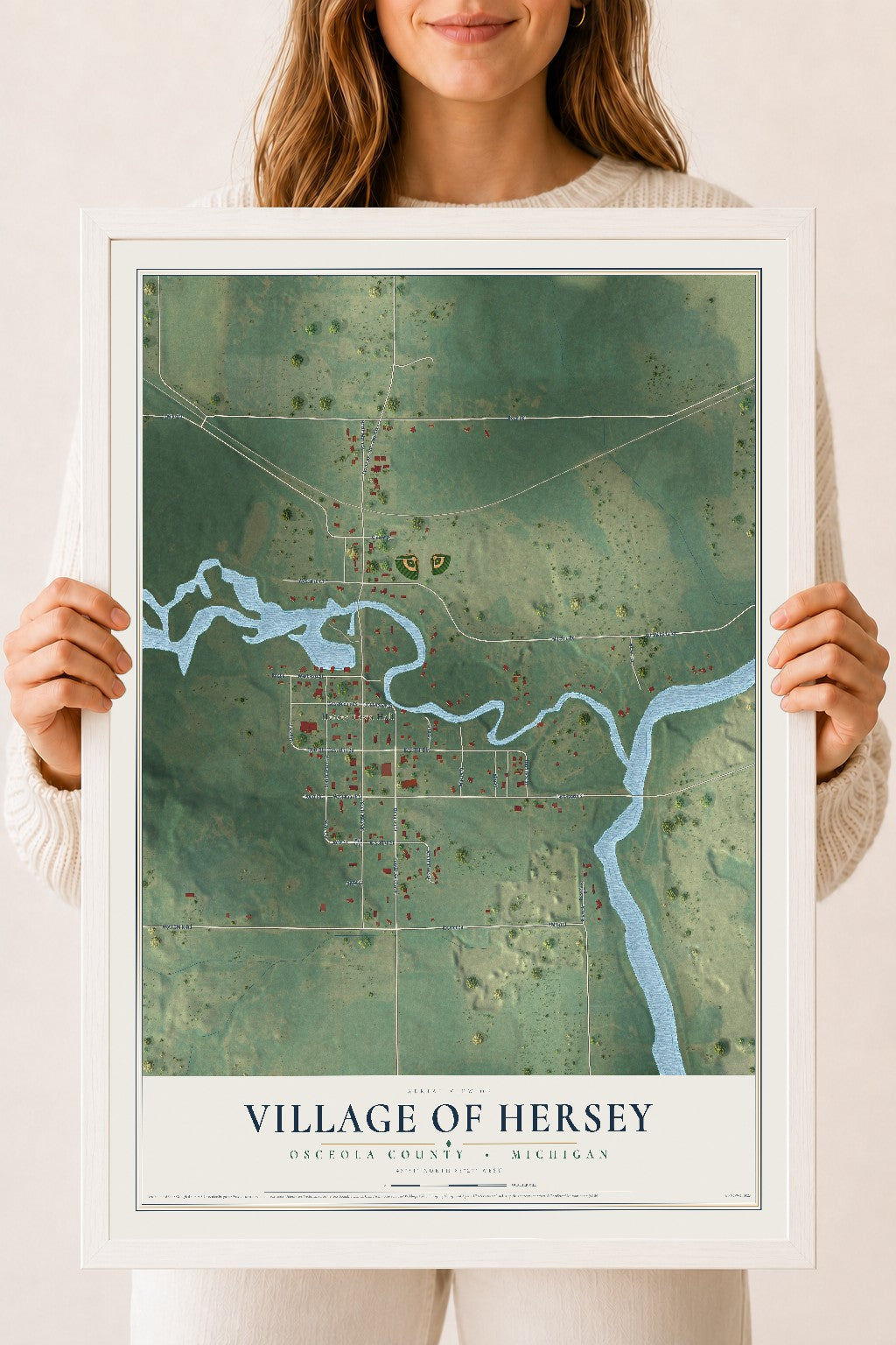 Map of Hersey, Michigan, 18 x 24 inch print in a white wood frame