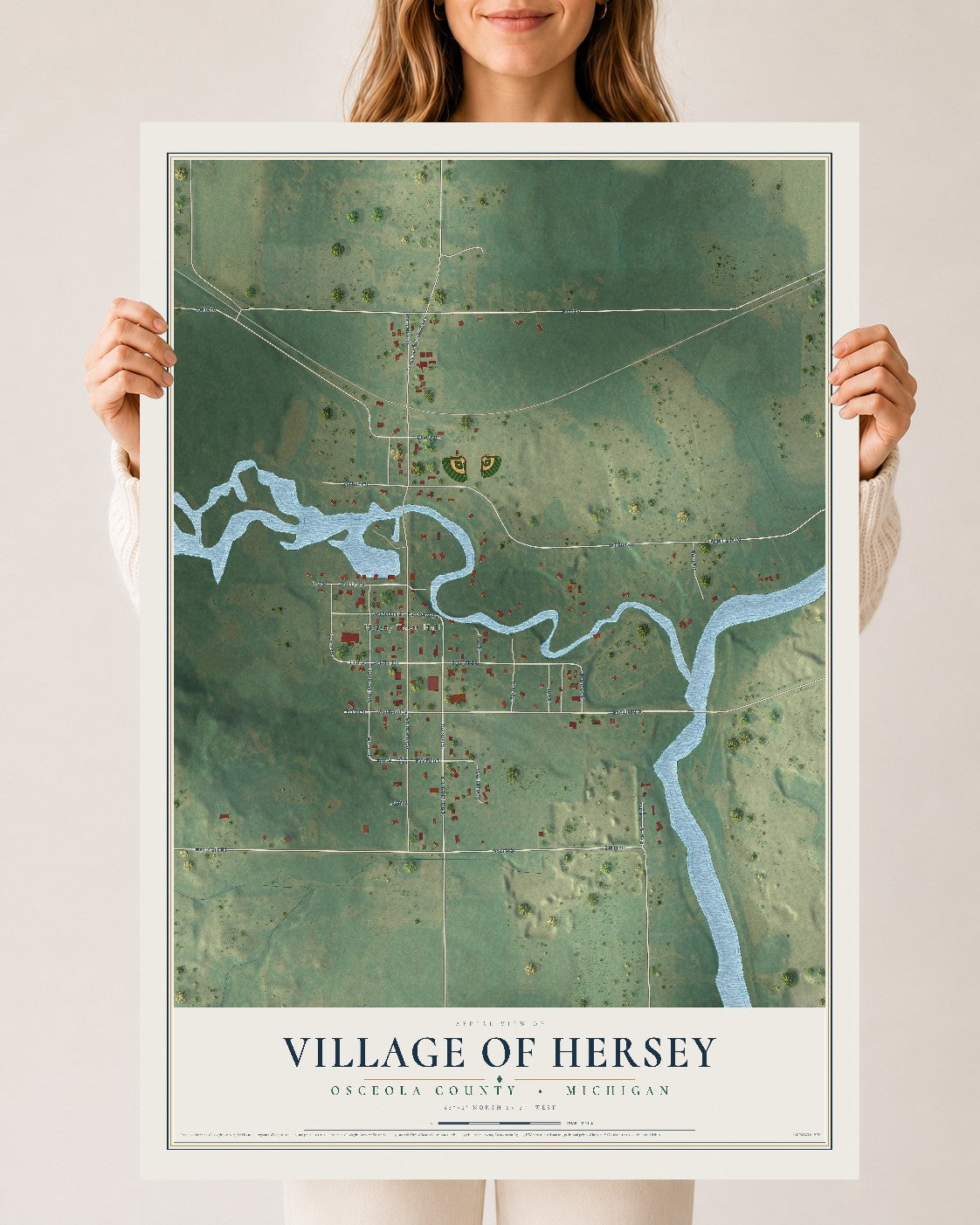 Map of Hersey, Michigan, 24 x 36 inch unframed archival matte print