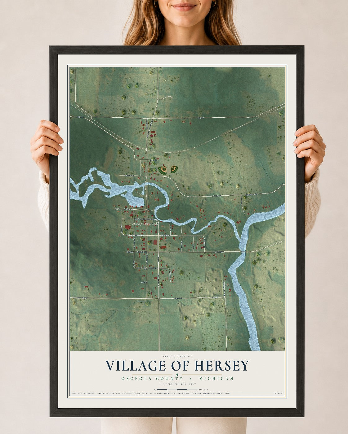 Map of Hersey, Michigan, 24 x 36 inch print in a black wood frame