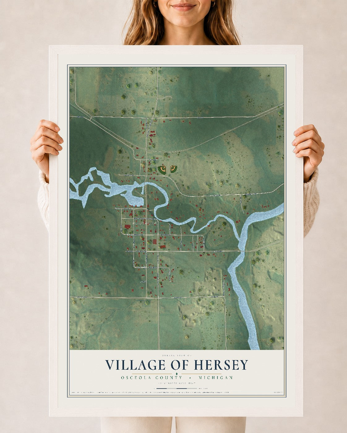 Map of Hersey, Michigan, 24 x 36 inch print in a white wood frame