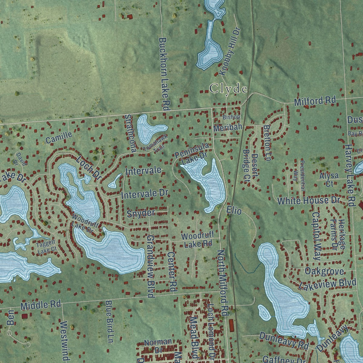Second close-up of the map of Highland, Oakland County, Michigan print showing more streets and buildings