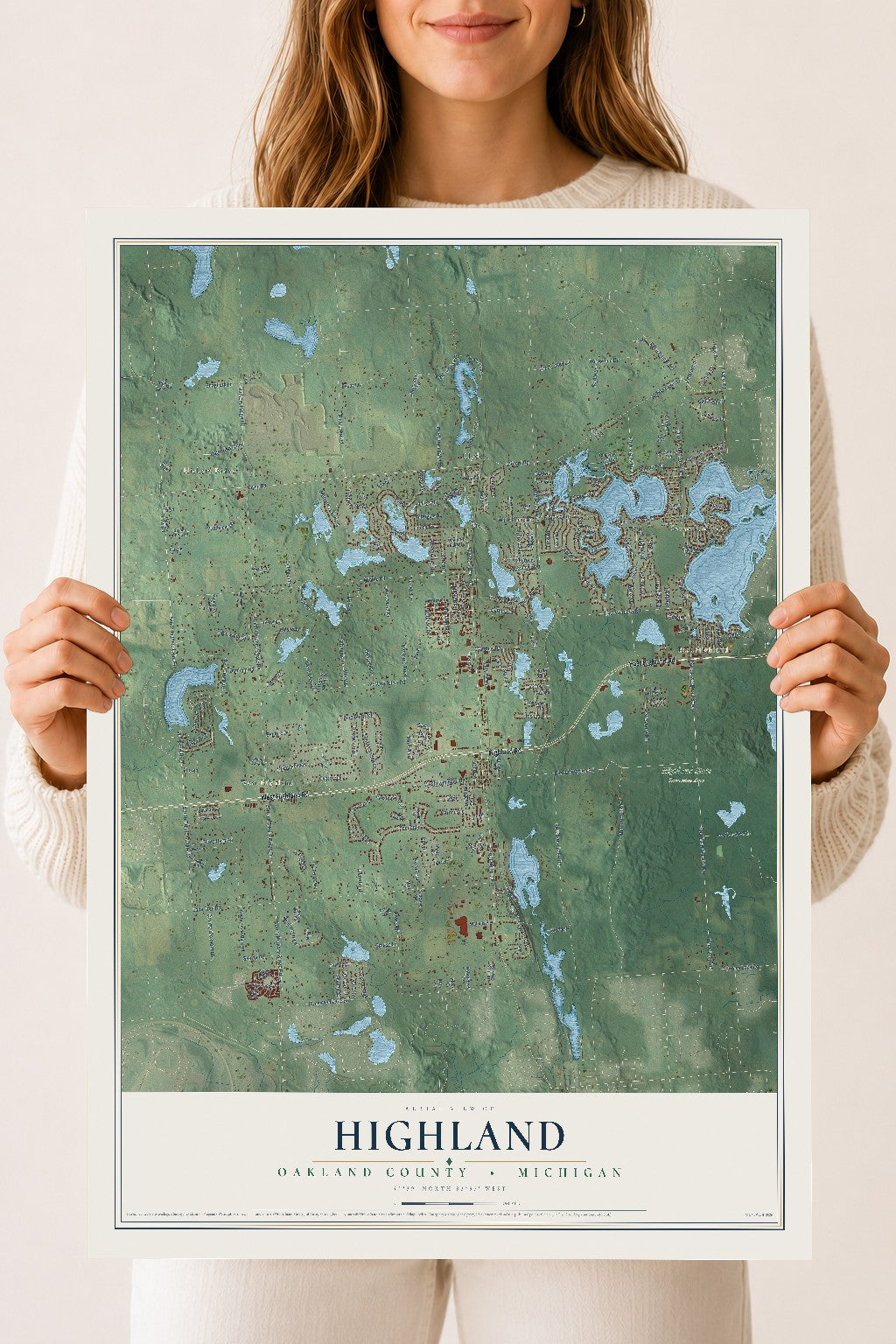 Map of Highland, Oakland County, Michigan, 18 x 24 inch unframed archival matte print