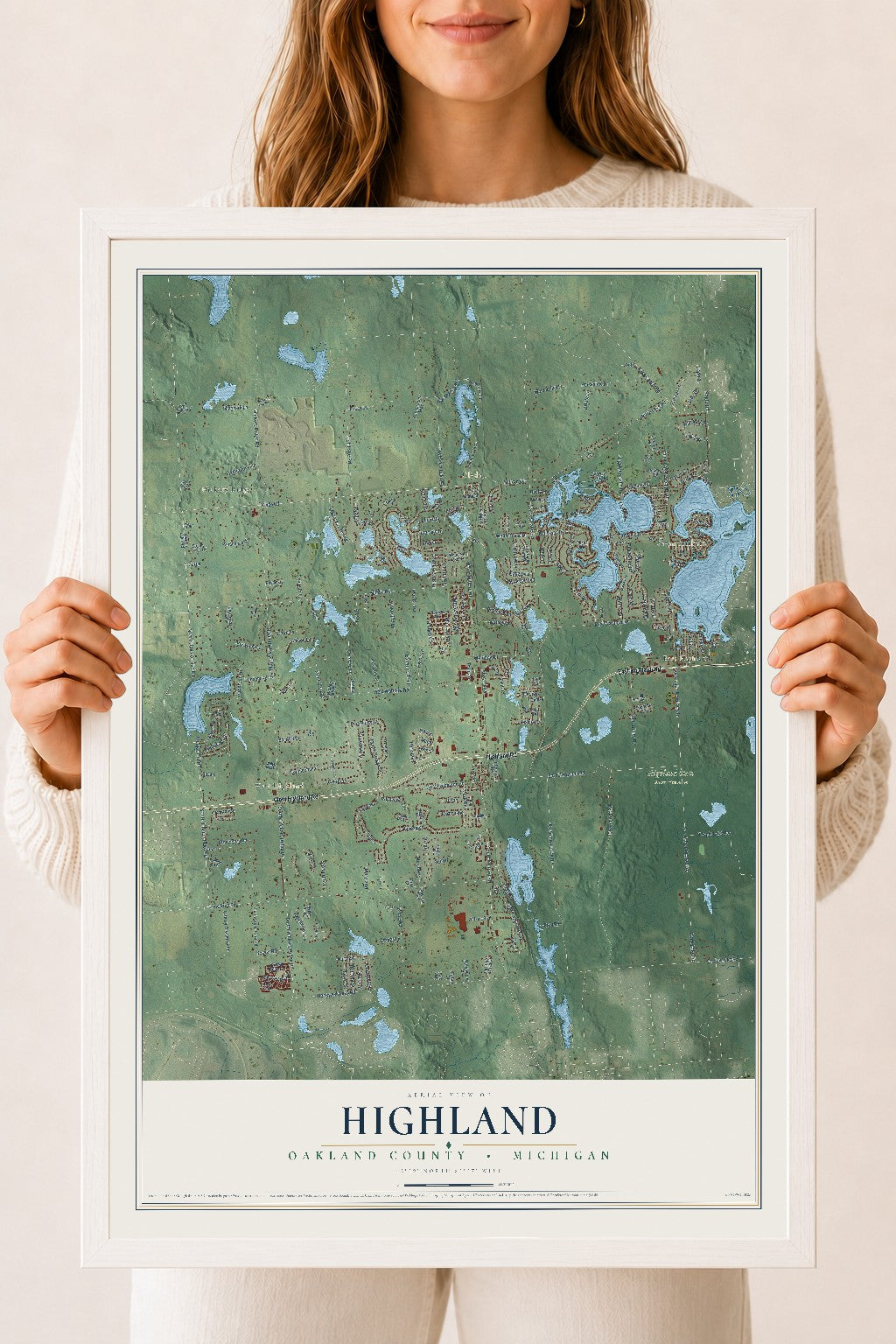 Map of Highland, Oakland County, Michigan, 18 x 24 inch print in a white wood frame