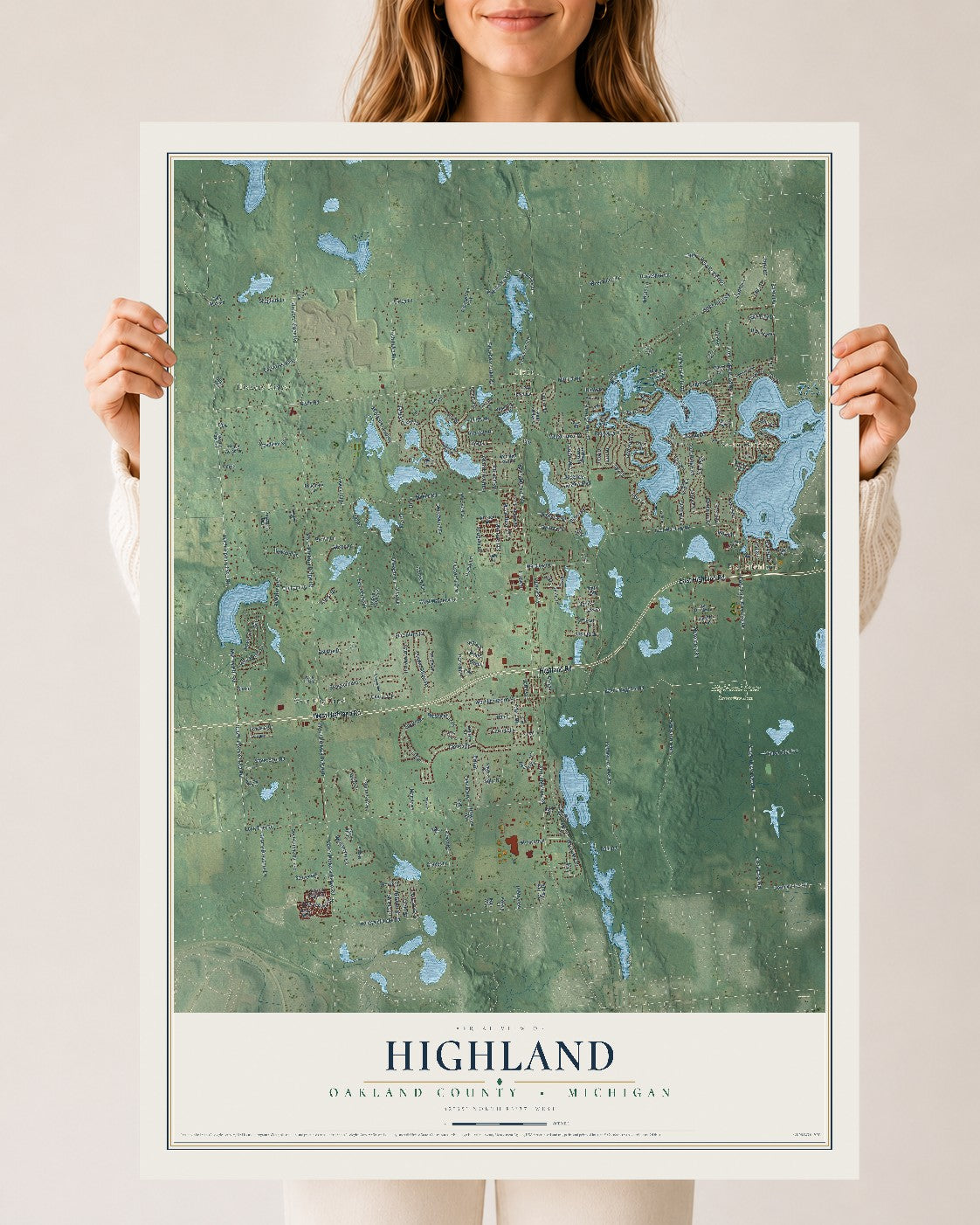 Map of Highland, Oakland County, Michigan, 24 x 36 inch unframed archival matte print
