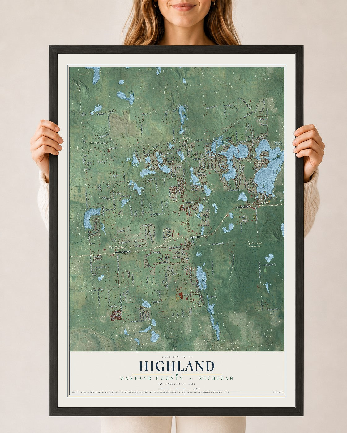 Map of Highland, Oakland County, Michigan, 24 x 36 inch print in a black wood frame
