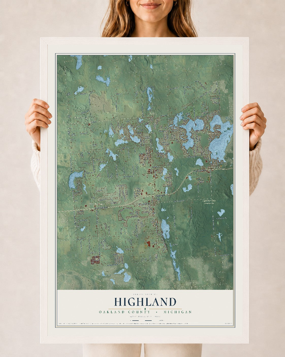 Map of Highland, Oakland County, Michigan, 24 x 36 inch print in a white wood frame