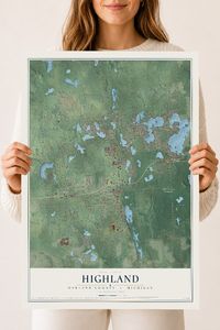 Map of Highland, Oakland County, Michigan, 18 x 24 inch unframed archival matte print