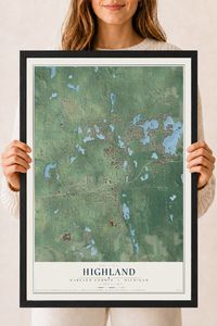 Map of Highland, Oakland County, Michigan, 18 x 24 inch print in a black wood frame