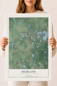 Map of Highland, Oakland County, Michigan, 18 x 24 inch print in a white wood frame