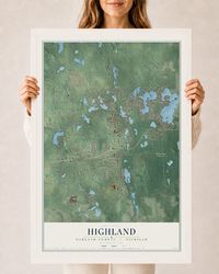 Map of Highland, Oakland County, Michigan, 24 x 36 inch print in a white wood frame