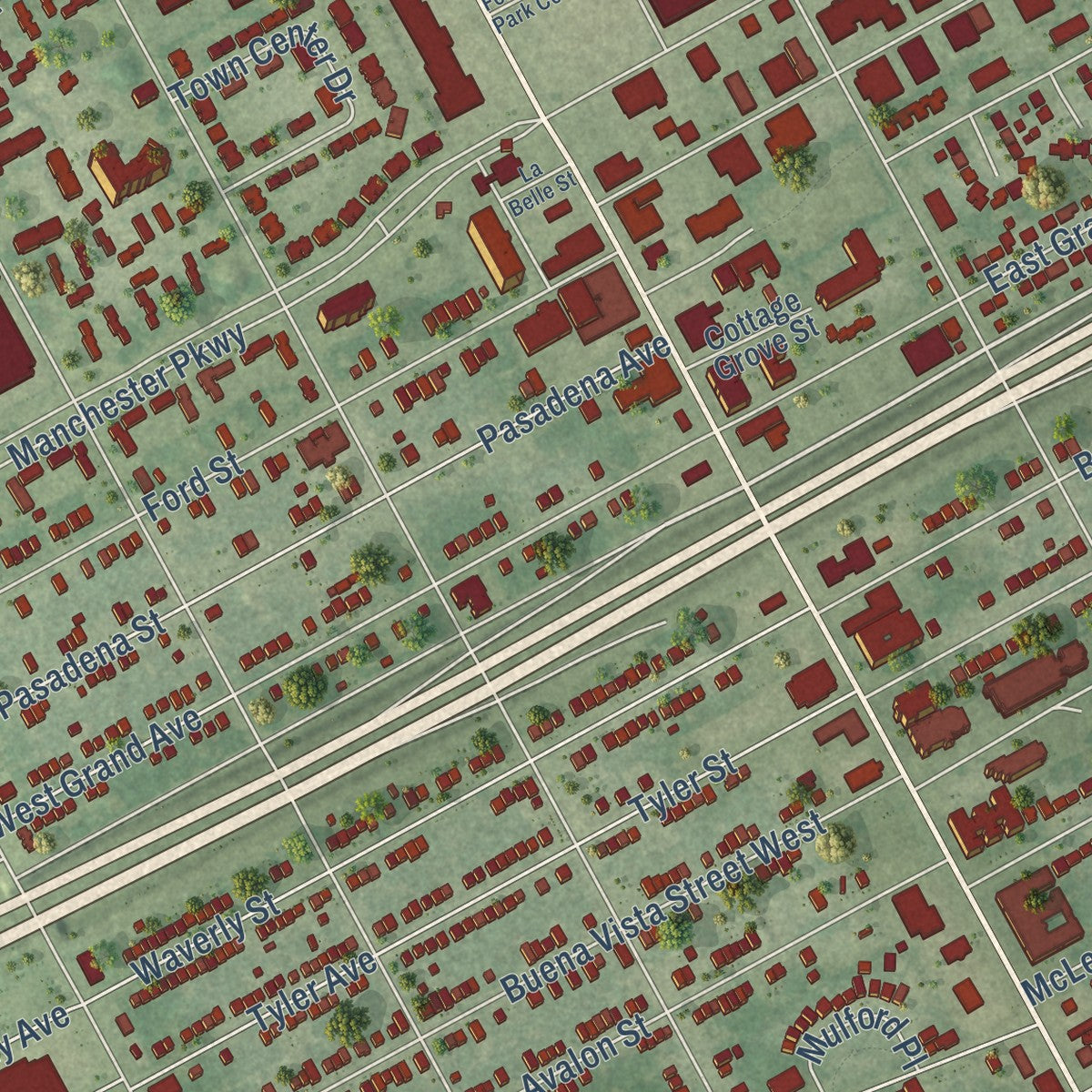 Close-up of the map of Highland Park, Michigan print showing street and building detail