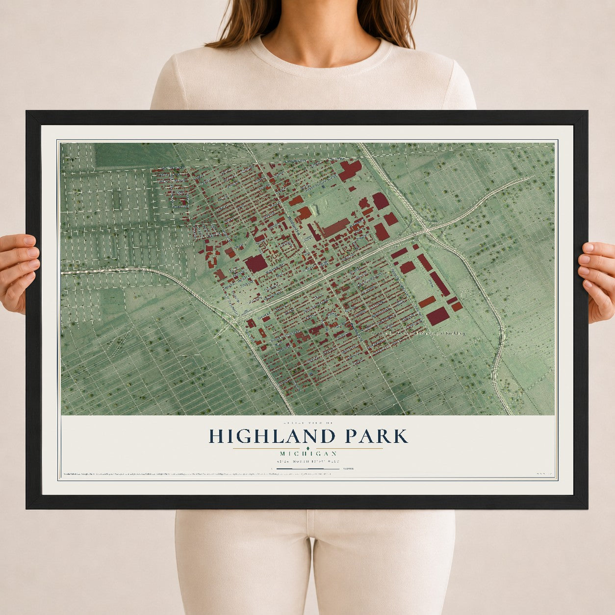 Map of Highland Park, Michigan, 18 x 24 inch print in a black wood frame