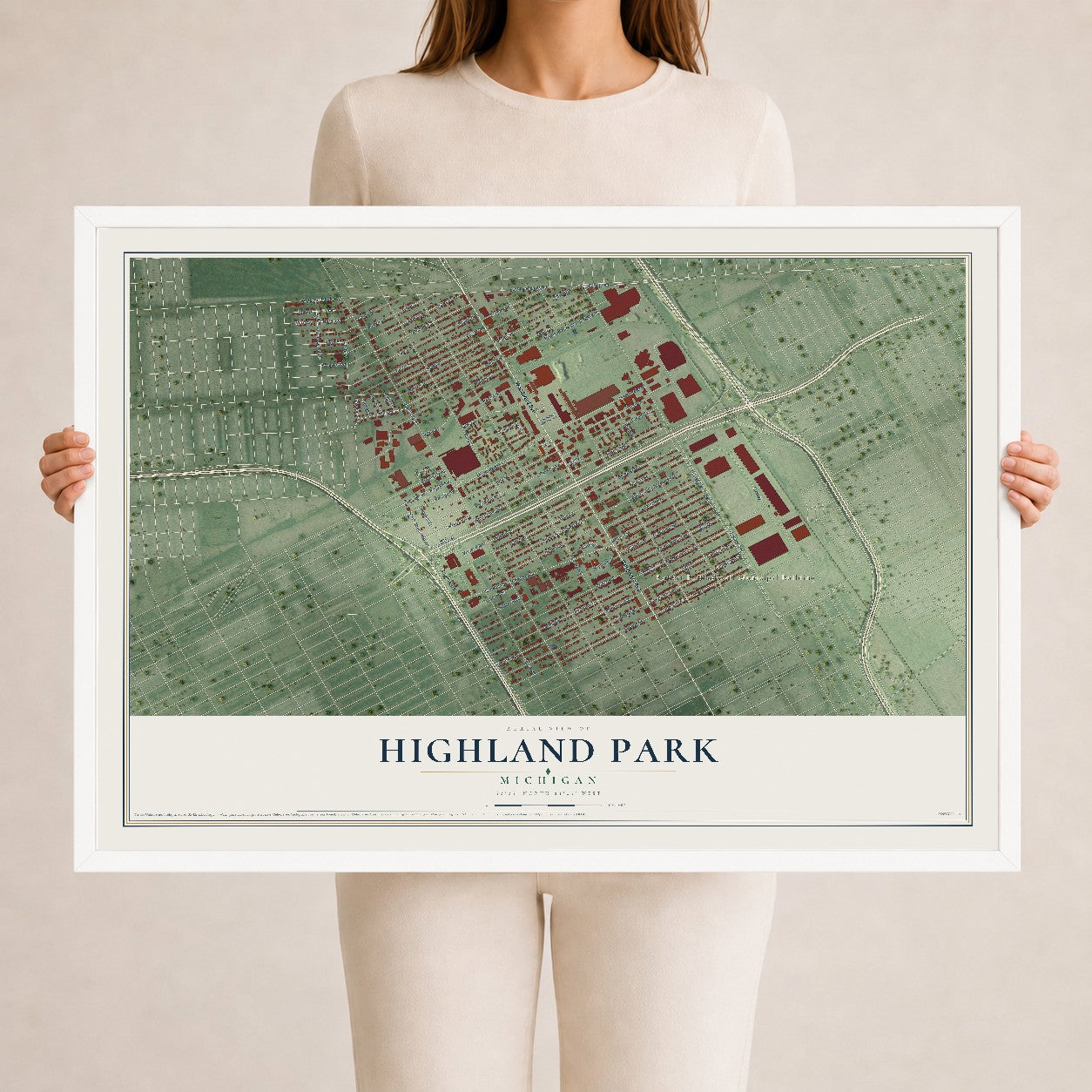Map of Highland Park, Michigan, 24 x 36 inch print in a white wood frame