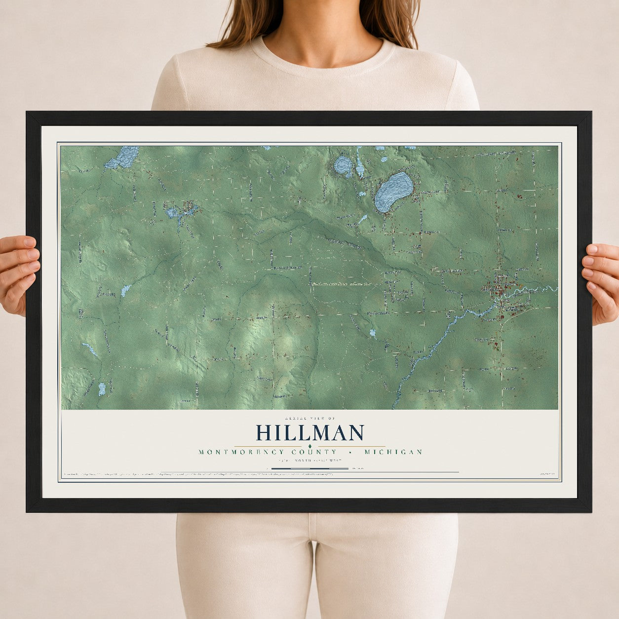 Map of Hillman, Montmorency County, Michigan, 18 x 24 inch print in a black wood frame