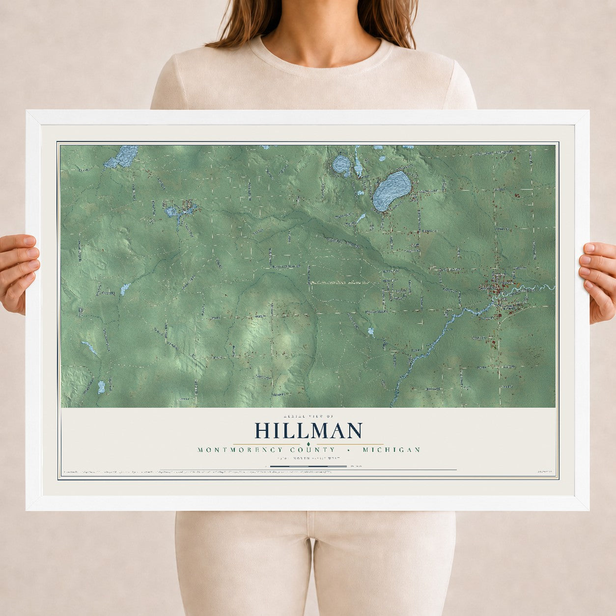 Map of Hillman, Montmorency County, Michigan, 18 x 24 inch print in a white wood frame