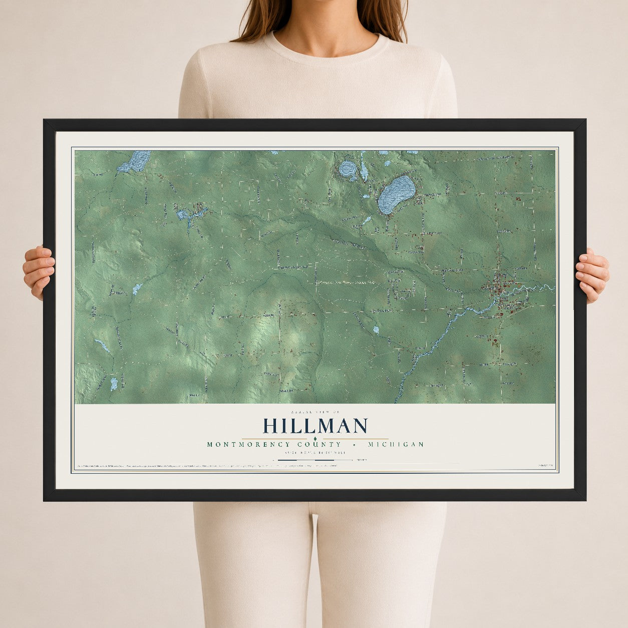 Map of Hillman, Montmorency County, Michigan, 24 x 36 inch print in a black wood frame