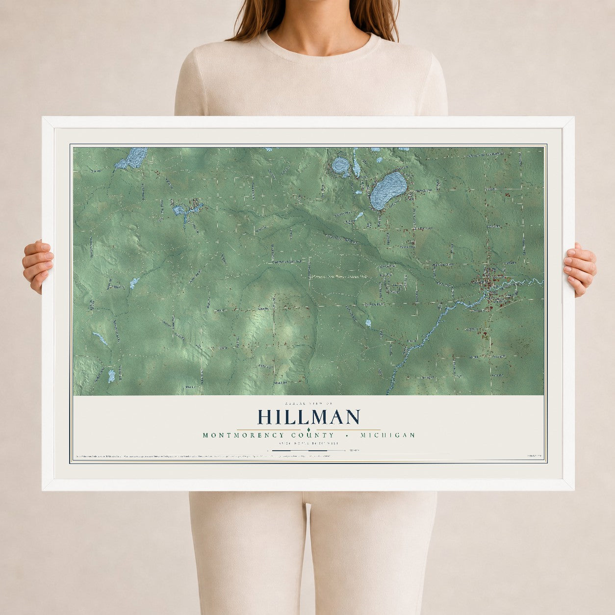 Map of Hillman, Montmorency County, Michigan, 24 x 36 inch print in a white wood frame