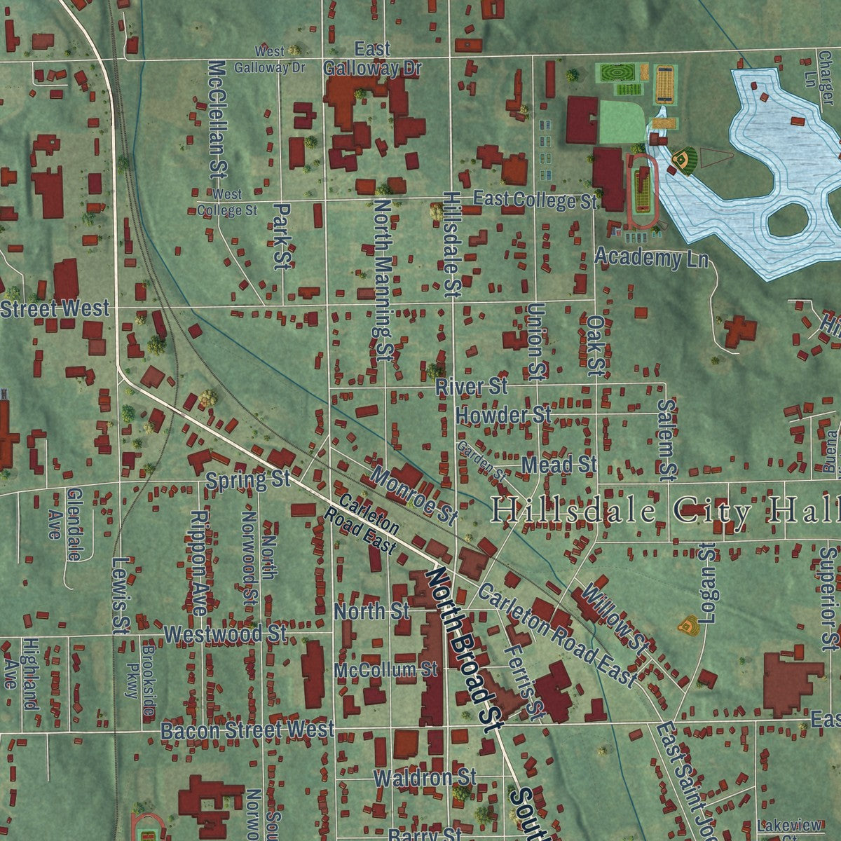 Close-up of the map of Hillsdale, Michigan print showing street and building detail