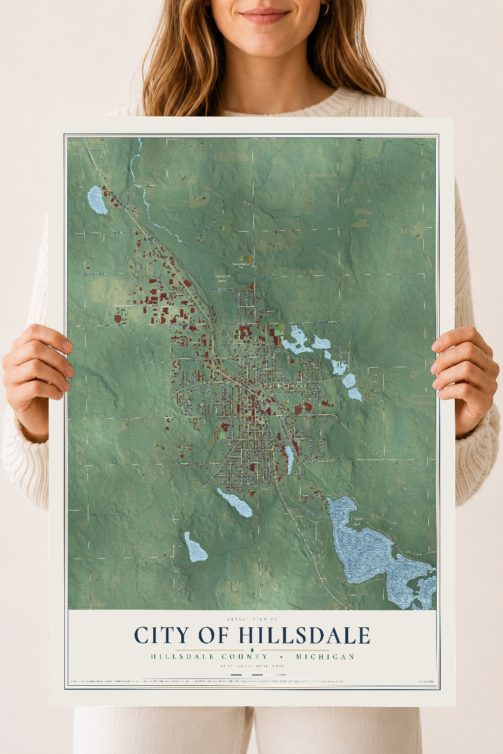 Map of Hillsdale, Michigan, 18 x 24 inch unframed archival matte print