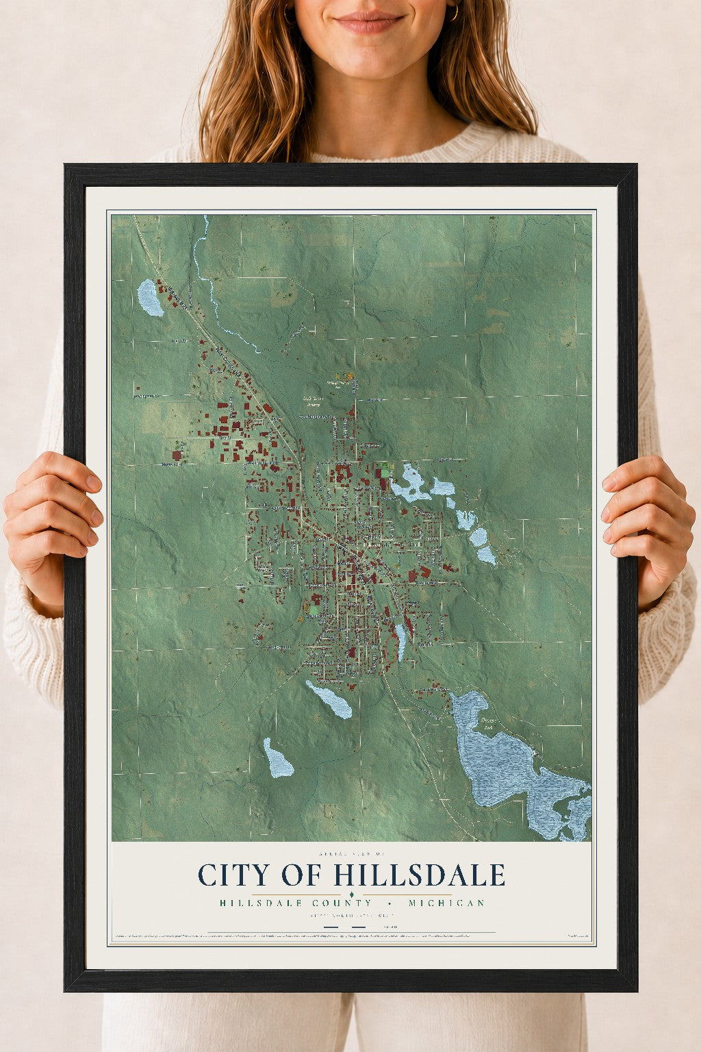Map of Hillsdale, Michigan, 18 x 24 inch print in a black wood frame