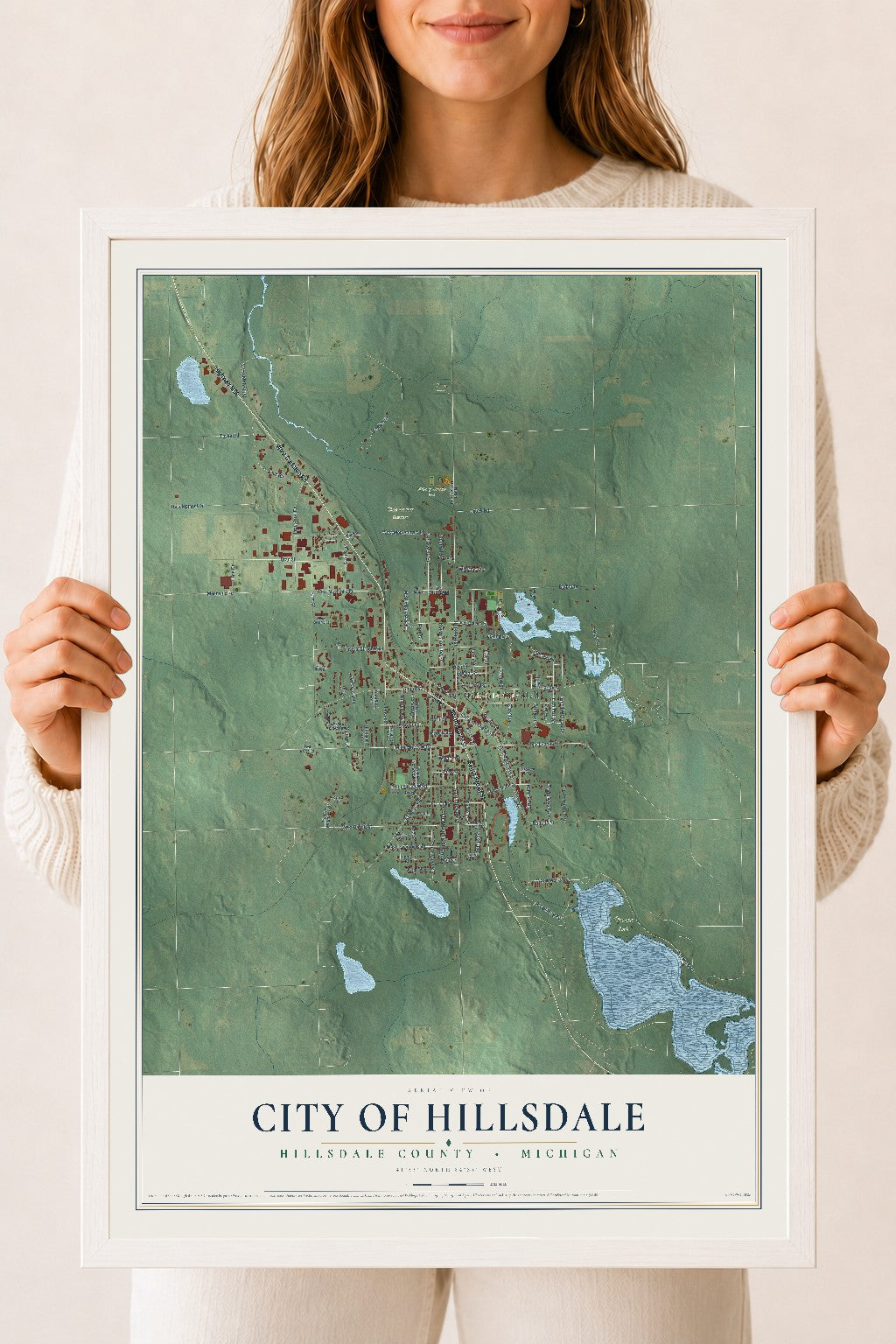 Map of Hillsdale, Michigan, 18 x 24 inch print in a white wood frame