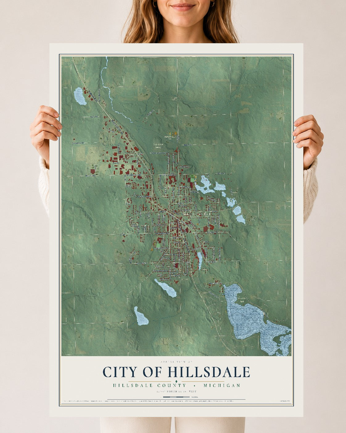 Map of Hillsdale, Michigan, 24 x 36 inch unframed archival matte print
