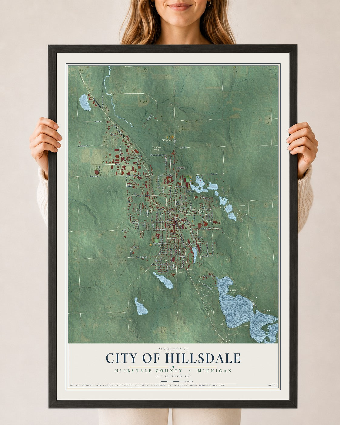 Map of Hillsdale, Michigan, 24 x 36 inch print in a black wood frame