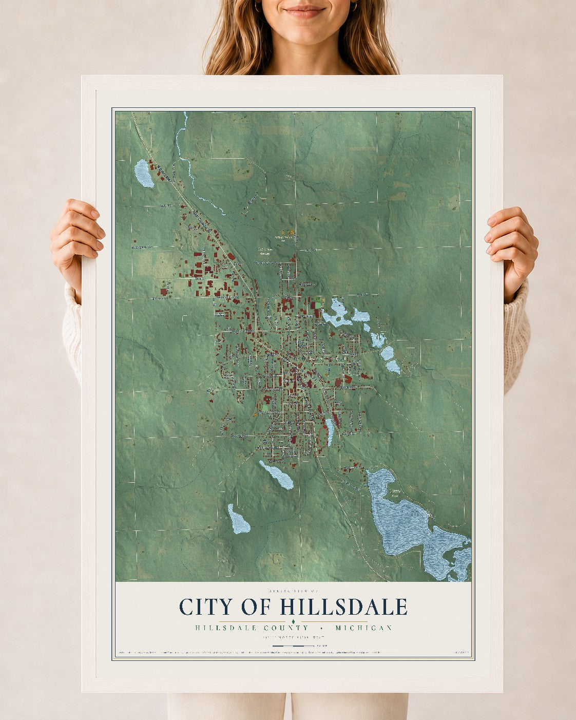 Map of Hillsdale, Michigan, 24 x 36 inch print in a white wood frame