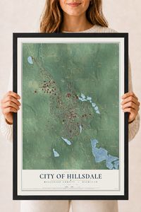 Map of Hillsdale, Michigan, 18 x 24 inch print in a black wood frame