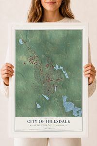 Map of Hillsdale, Michigan, 18 x 24 inch print in a white wood frame