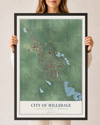 Map of Hillsdale, Michigan, 24 x 36 inch print in a black wood frame
