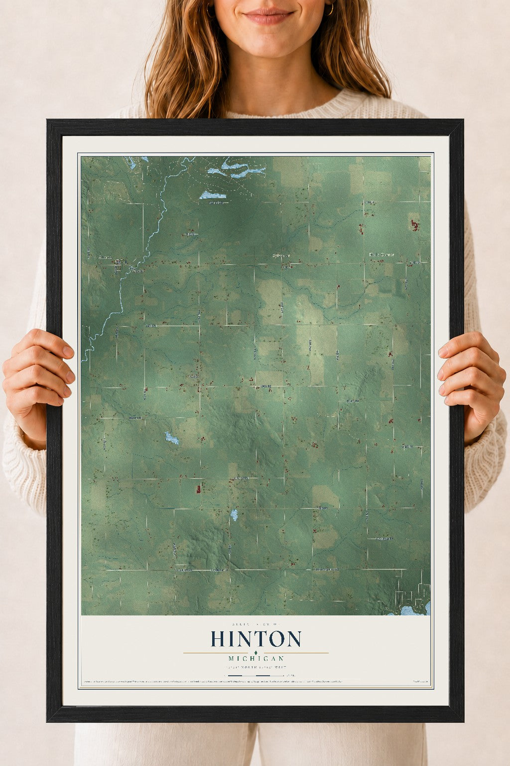 Map of Hinton, Michigan, 18 x 24 inch print in a black wood frame