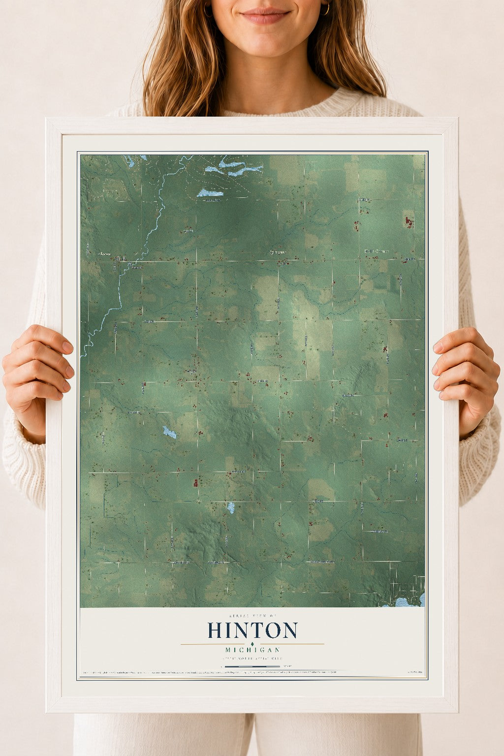 Map of Hinton, Michigan, 18 x 24 inch print in a white wood frame
