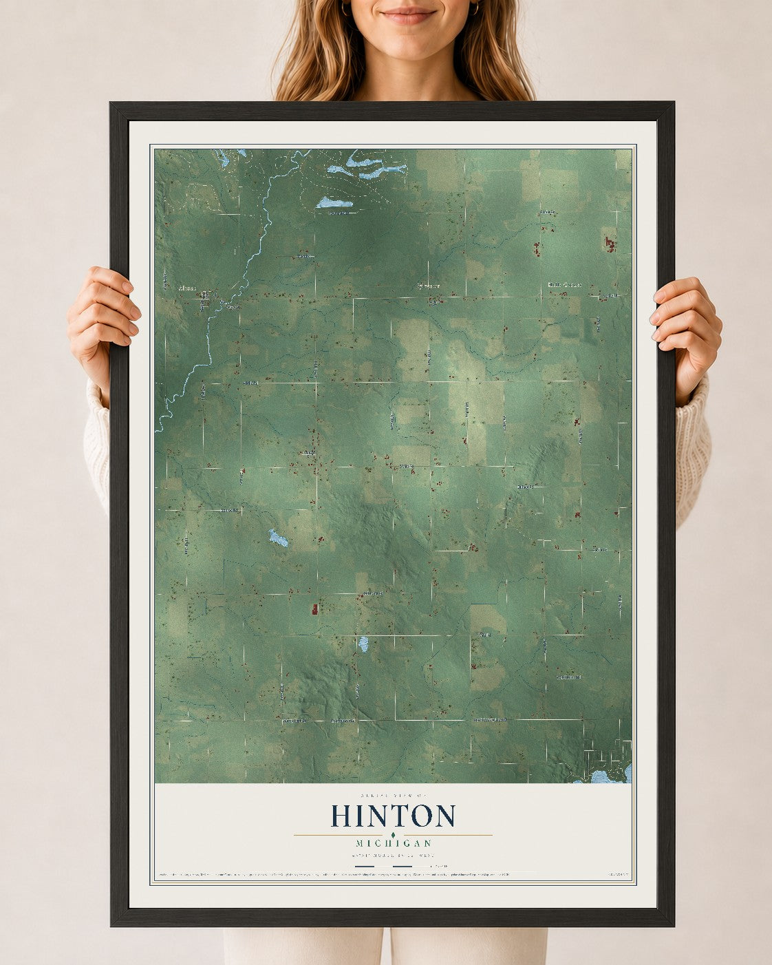 Map of Hinton, Michigan, 24 x 36 inch print in a black wood frame