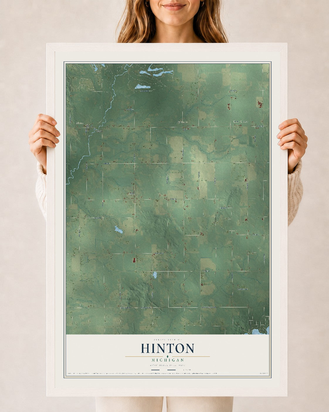 Map of Hinton, Michigan, 24 x 36 inch print in a white wood frame