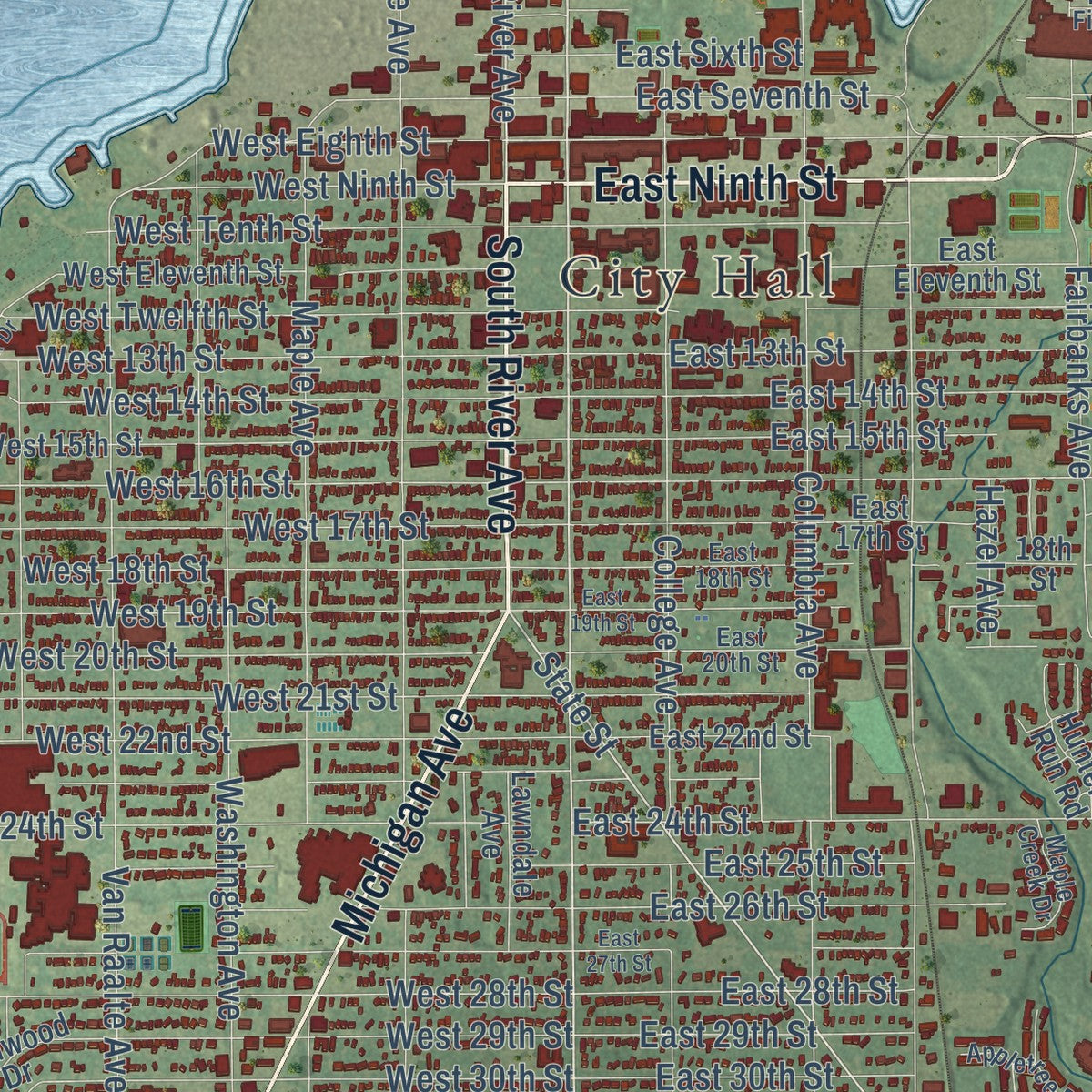 Close-up of the map of Holland, Allegan County, Michigan print showing street and building detail