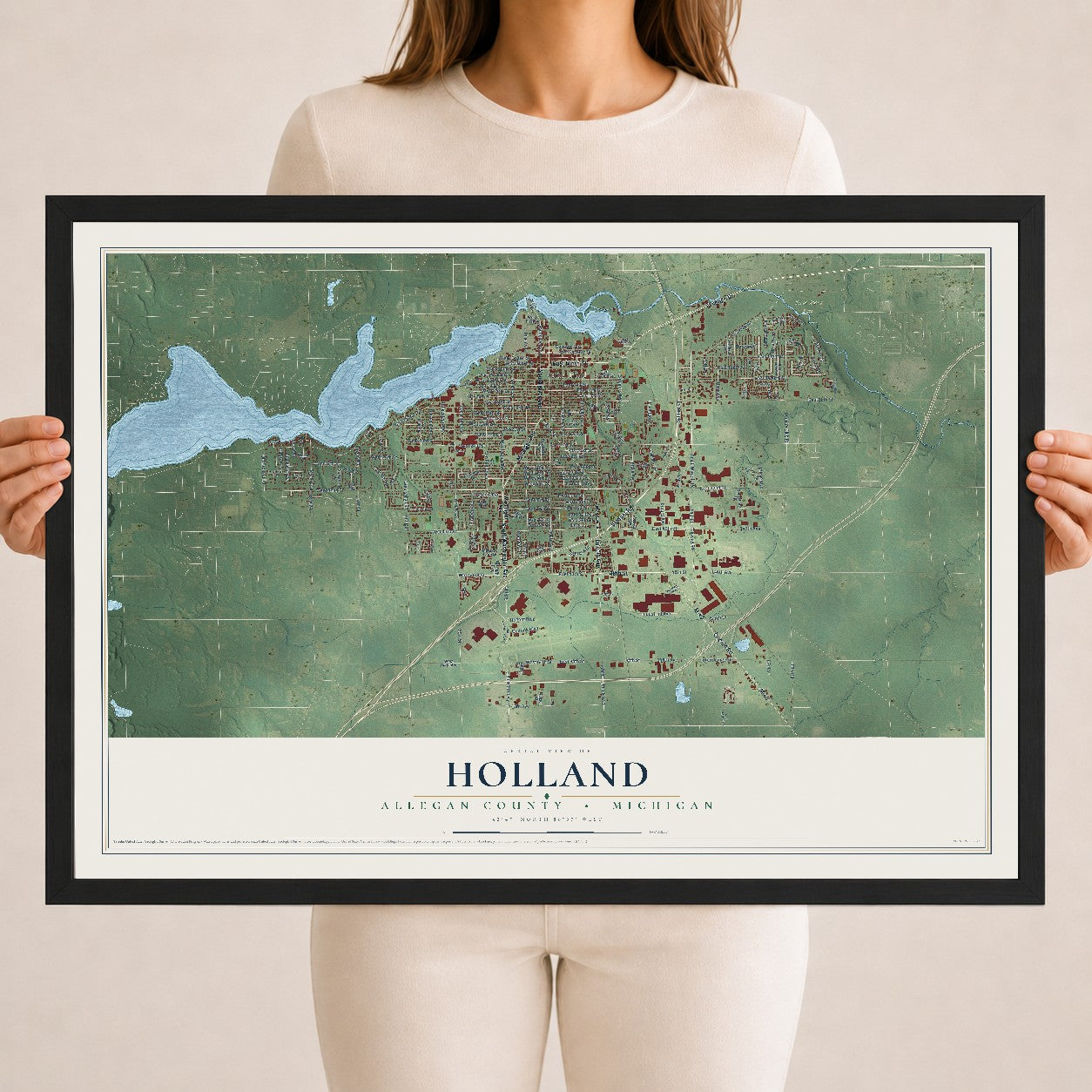 Map of Holland, Allegan County, Michigan, 18 x 24 inch print in a black wood frame