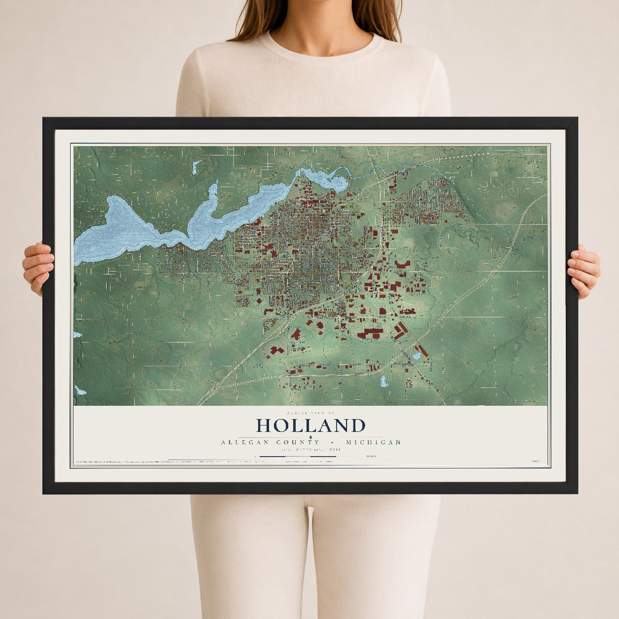 Map of Holland, Allegan County, Michigan, 24 x 36 inch print in a black wood frame