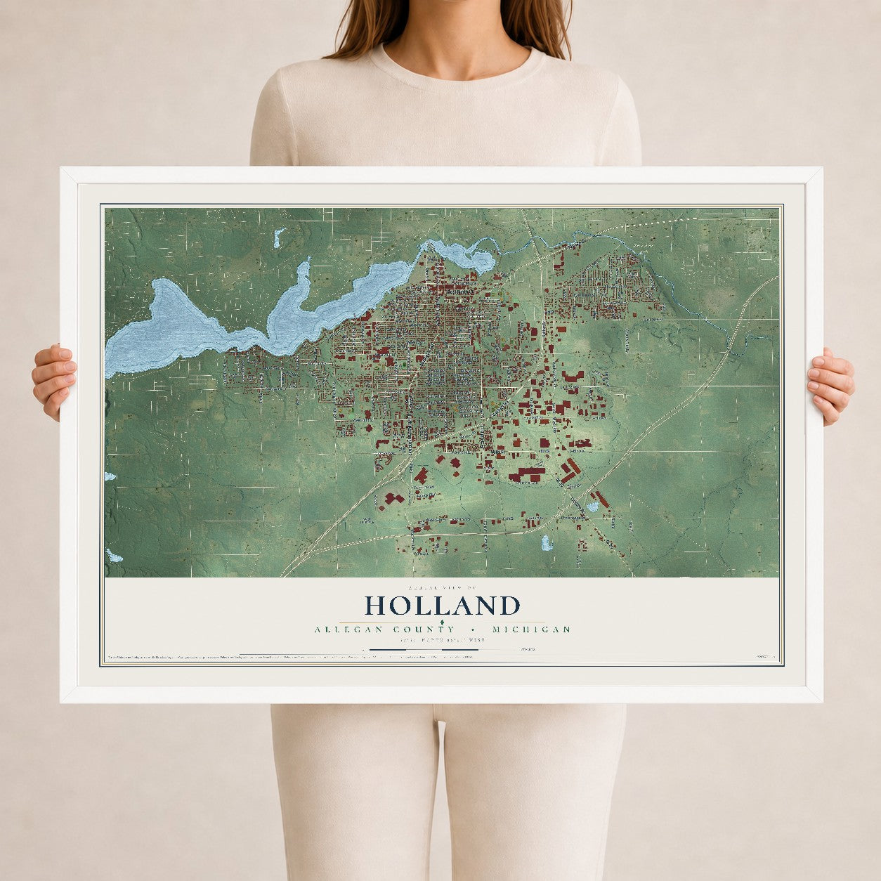 Map of Holland, Allegan County, Michigan, 24 x 36 inch print in a white wood frame