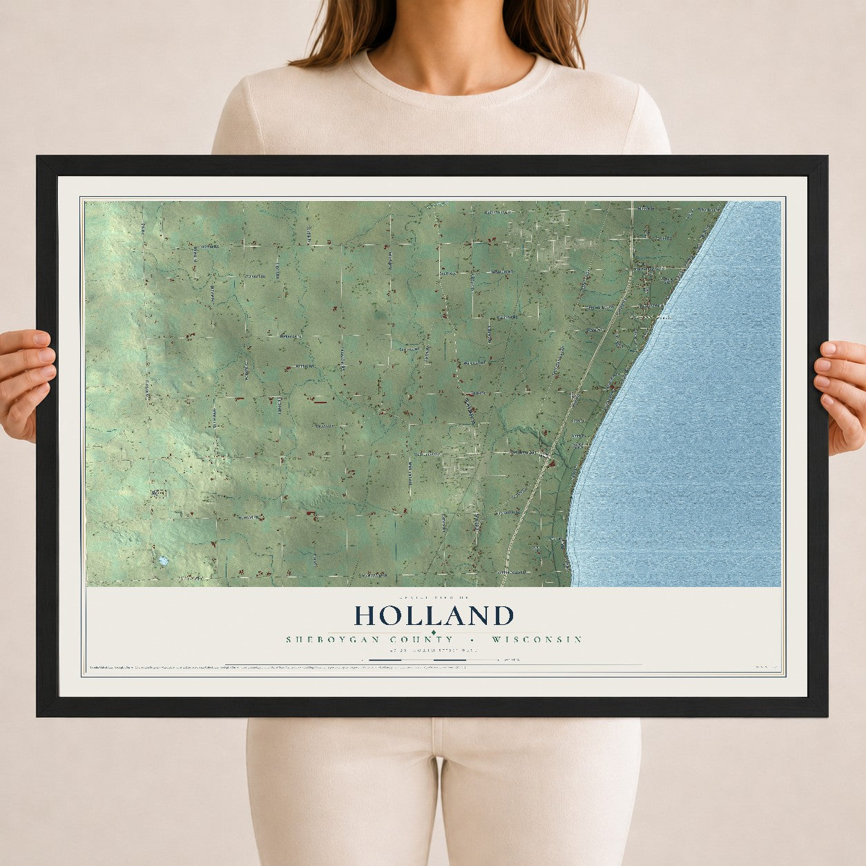 Map of Holland, Sheboygan County, Wisconsin, 18 x 24 inch print in a black wood frame