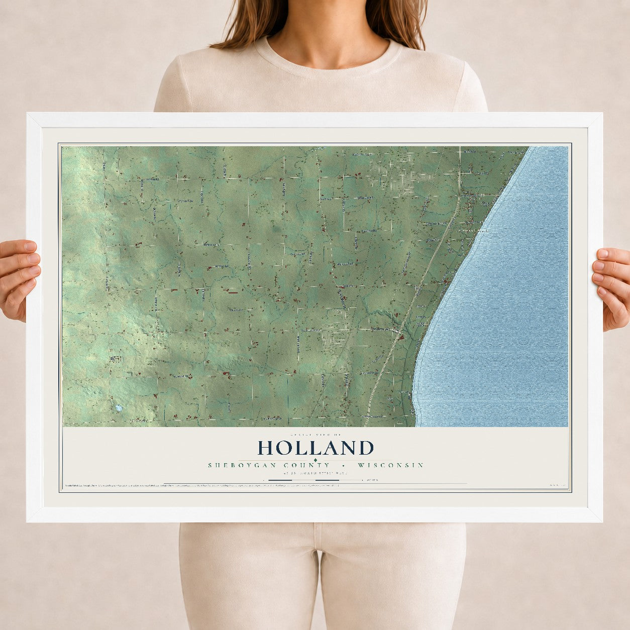 Map of Holland, Sheboygan County, Wisconsin, 18 x 24 inch print in a white wood frame