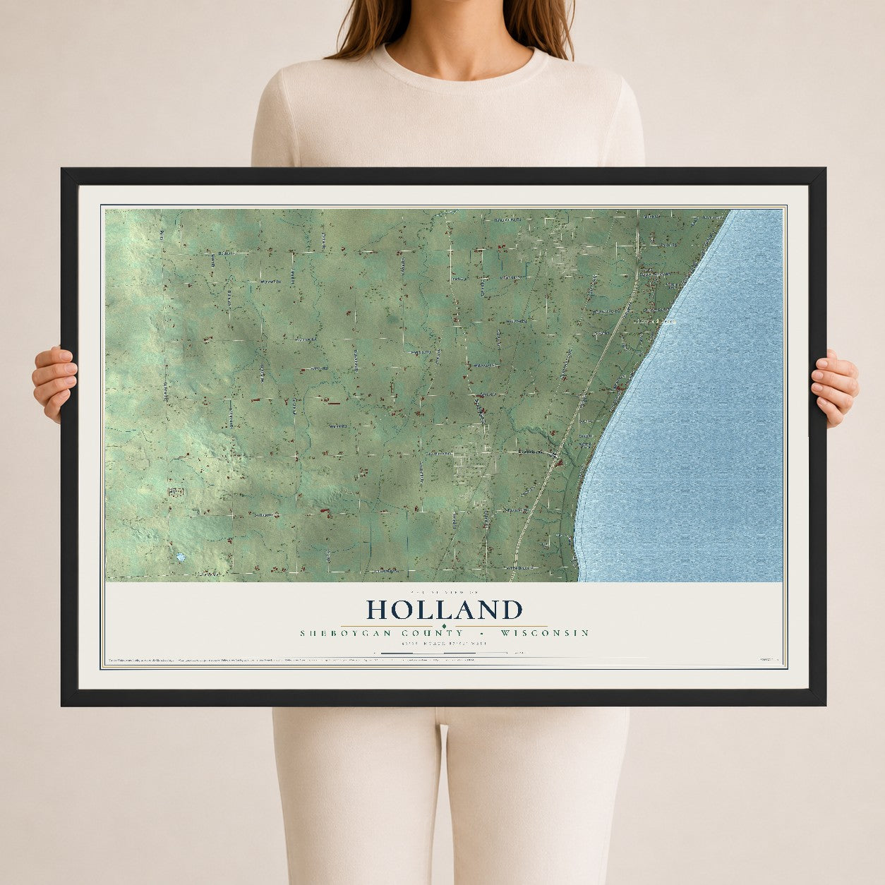 Map of Holland, Sheboygan County, Wisconsin, 24 x 36 inch print in a black wood frame