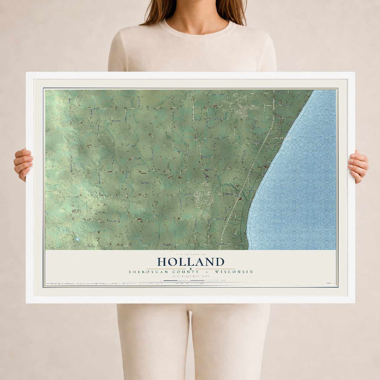 Map of Holland, Sheboygan County, Wisconsin, 24 x 36 inch print in a white wood frame