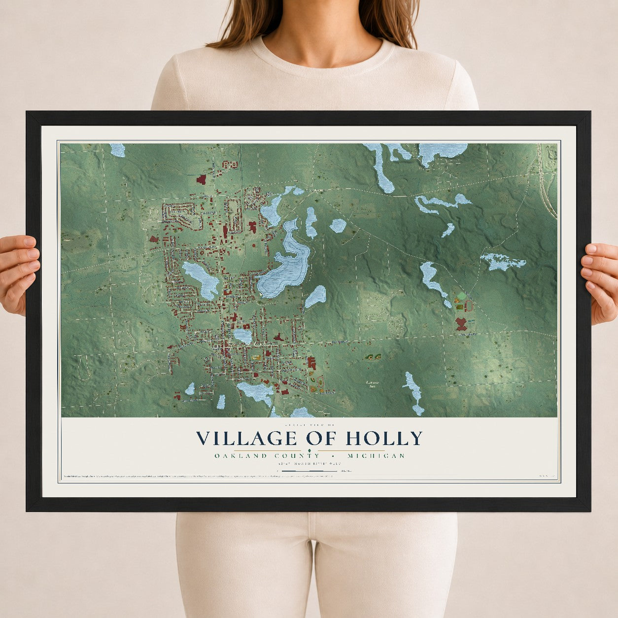 Map of Holly, Michigan, 18 x 24 inch print in a black wood frame