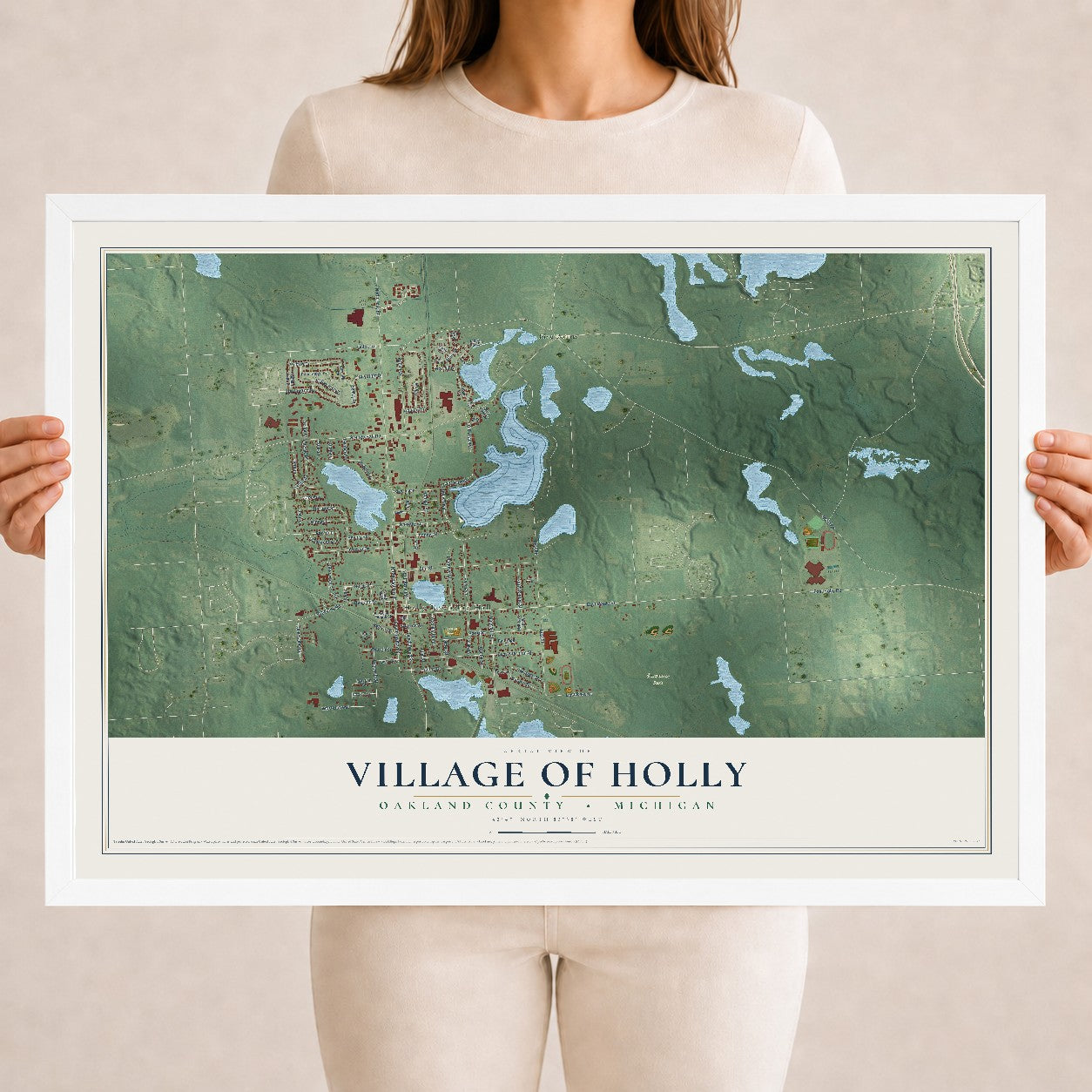 Map of Holly, Michigan, 18 x 24 inch print in a white wood frame