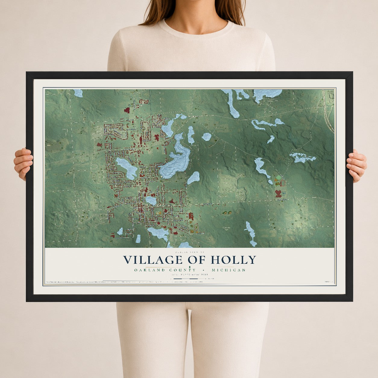 Map of Holly, Michigan, 24 x 36 inch print in a black wood frame