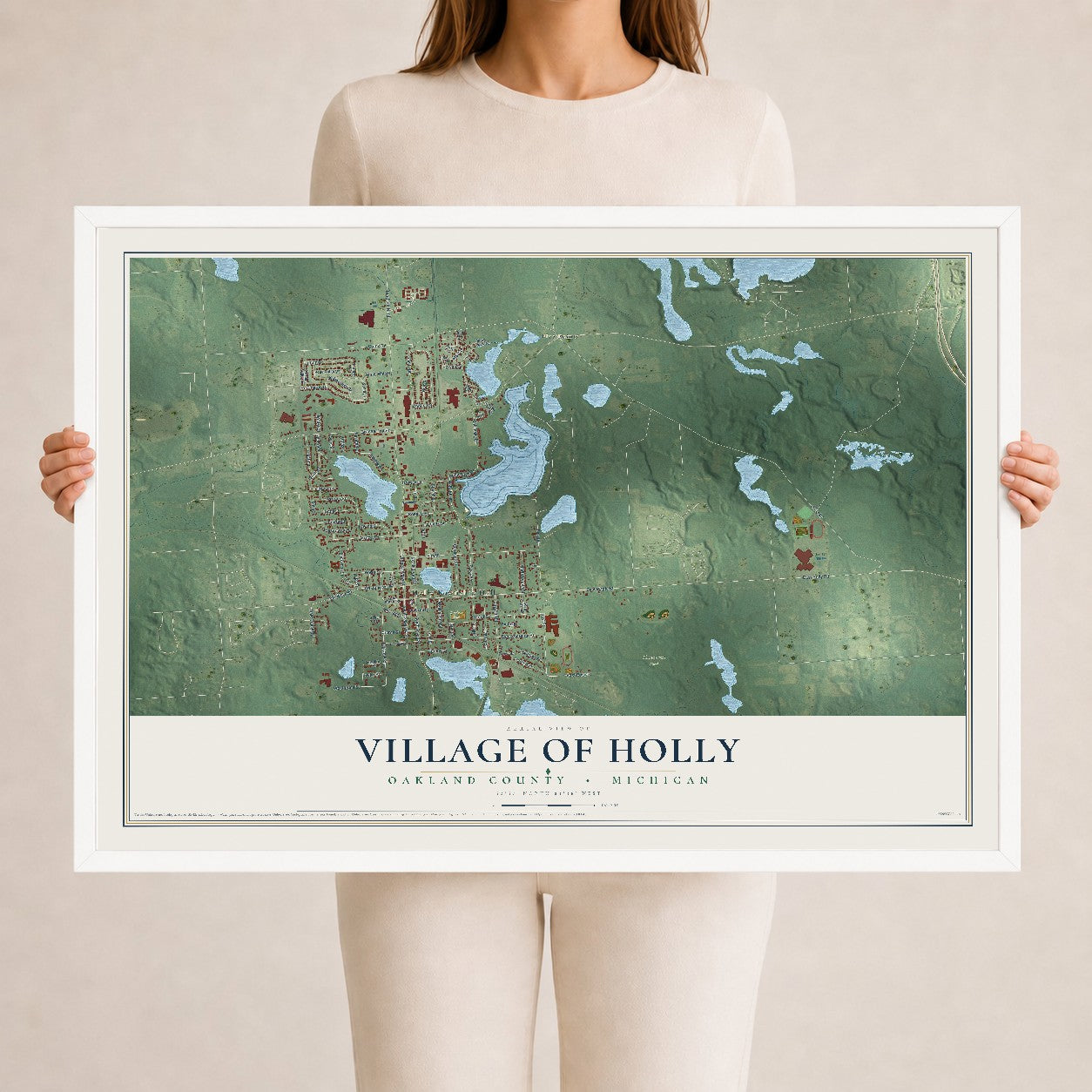 Map of Holly, Michigan, 24 x 36 inch print in a white wood frame
