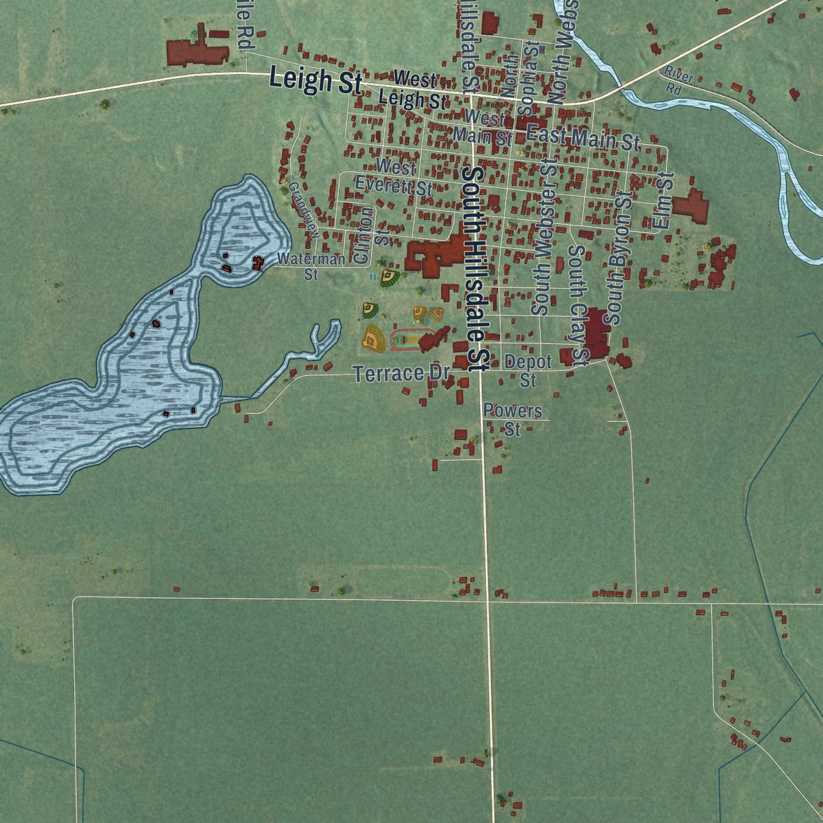 Close-up of the map of Homer, Calhoun County, Michigan print showing street and building detail