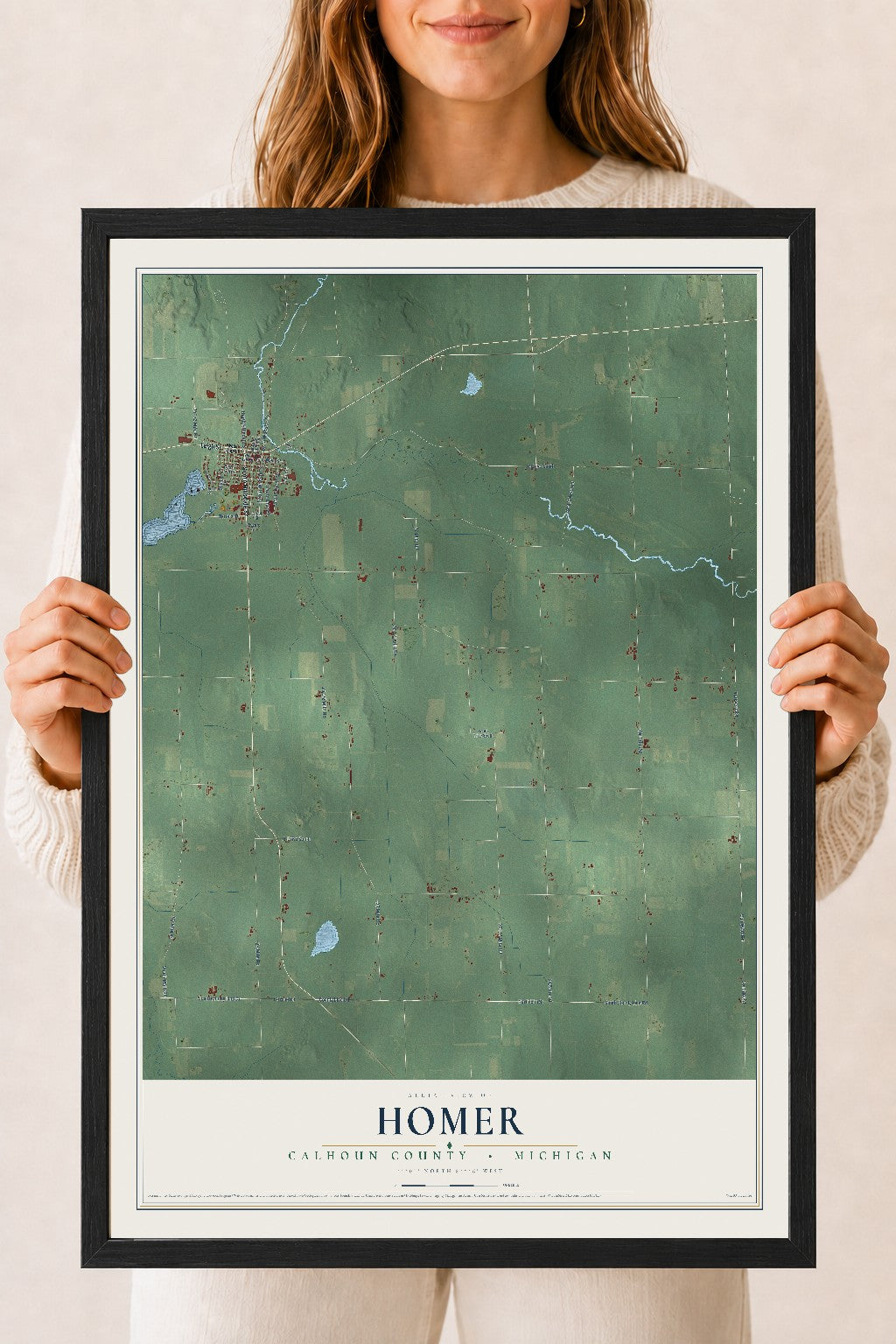 Map of Homer, Calhoun County, Michigan, 18 x 24 inch print in a black wood frame